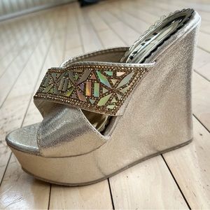 Women’s Bedazzled and Shiny Jeweled Beige Wedge Heel | Size 6 1/2
